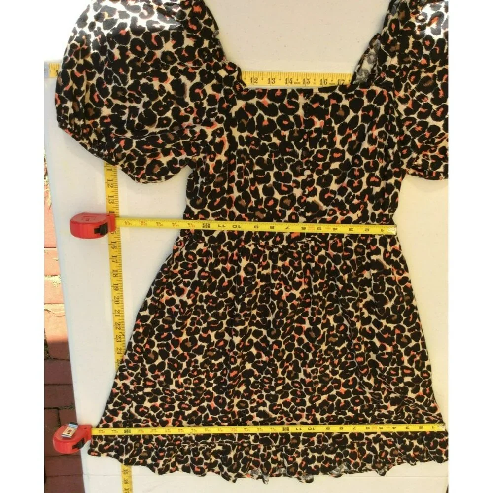 Who What Wear Womens Dress Small Baby Doll Leopard Print Linen Rayon Puff Sleeve